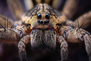 Detailed macro photography showcasing the face of a wolf spider highlighting its unique features and texture in natural light