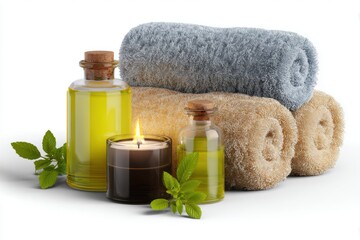 Relaxing spa setup with scented candles, essential oils, and soft towels for a soothing experience