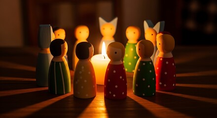Wooden figures gather around a candle's warm glow.