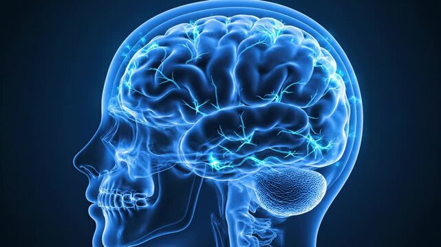 Conceptual illustration of a human brain glowing in blue profile view