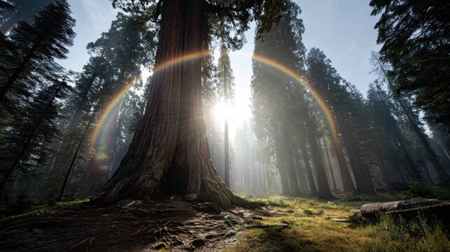 Towering trees and rainbow arc sunlight illuminating a majestic forest scene
