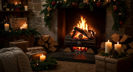 Obraz premium Warm and cozy Christmas interior with fireplace and holiday decorations setup
