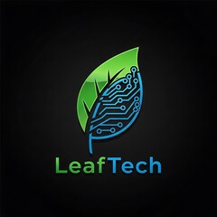 Green leaf with integrated circuit patterns symbolizes sustainable technology.