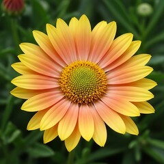 Yellow and orange daisy-like flower blooms with green center and blurred background.