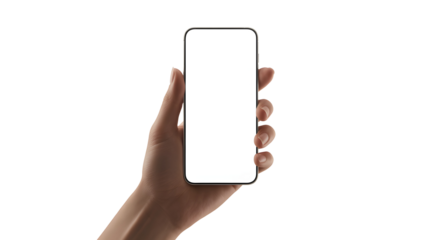 Elegant hand delicately holding a modern smartphone with blank screen, perfect for showcasing mobile app or website designs today isolated on white background