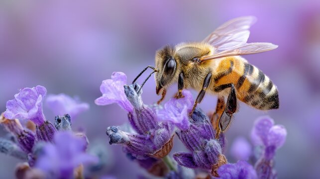 Busy bee gathers nectar from vibrant lavender flowers in a sunny garden setting - Powered by Adobe