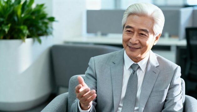 Confident Senior Asian Businessman in Gray Suit Smiling and Gesturing in Modern Office