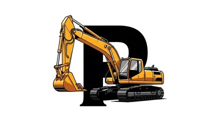 Yellow excavator on tracks positioned before a large black letter P.