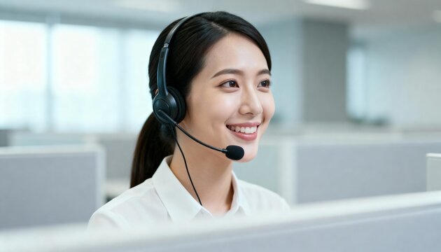 Smiling Asian Female Customer Service Representative with Headset in Modern Call Center