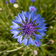 Bright blue cornflower blooms in a vibrant green meadow.