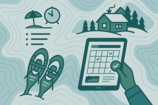 Snowshoeing expedition planning with calendar checklist surrounded by winter landscape featuring snow covered cabin and pine trees depicting outdoor adventure organization