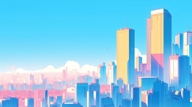 青く晴れ渡る空にそびえ立つ超高層ビルが印象的な都会の風景。現代建築、未来都市、ビル街、ビジネスエリア、建物イラスト、デジタルアート、都市構造の背景素材