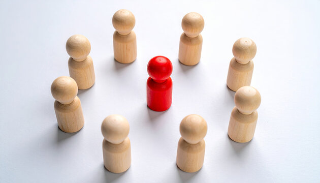 Strategy teamwork collaboration planning solution meeting goal success innovation brainstorming leader red wooden figurine surrounded by neutral team pieces forming focused group conveying - Powered by Adobe