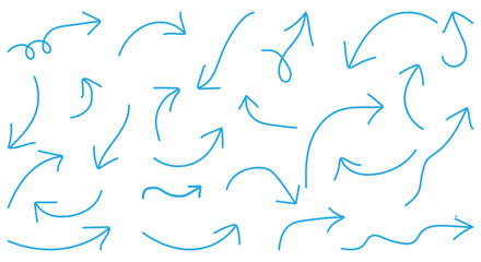  Collection doodle marker thick arrows in different directions. stroke arrow points diagonally upward to the right. Send back icons in black stroke designs on white background. 