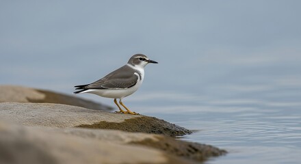 Obraz premium A small bird with grey back, white chest, & yellow legs, stands on a rock ledge next to calm water, a soft focus background