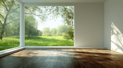 Empty modern room with large panoramic window overlooking a vibrant green garden and lush trees, with sunlight casting shadows on the wooden floor