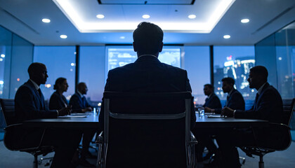 Strategy teamwork collaboration planning solution meeting goal success innovation brainstorming nighttime boardroom executive leads focused meeting planning strategy toward shared goal with