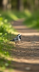 A small bird, black and white, stands on a dirt path in a sun-dappled forest, shallow depth of field