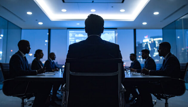 Strategy teamwork collaboration planning solution meeting goal success innovation brainstorming nighttime boardroom executive leads focused meeting planning strategy toward shared goal with - Powered by Adobe