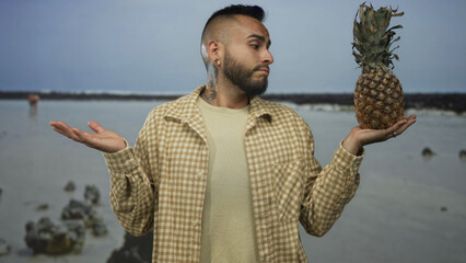 Man holding a pineapple on his palm at the beach, shrugging one shoulder and raising the other hand while looking at the fruit with a wry expression; curiosity.