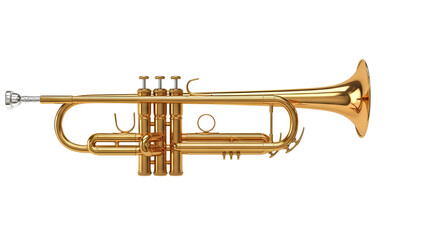 Obraz premium Golden brass trumpet musical instrument, professional orchestral wind trumpet with valves, classical jazz music equipment for performance isolated PNG with Transparent Background