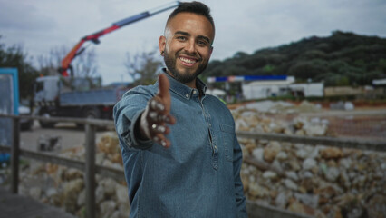Man smiling reaches out his bare hand for a handshake at a building construction site with gravel piles visible; friendly greeting.