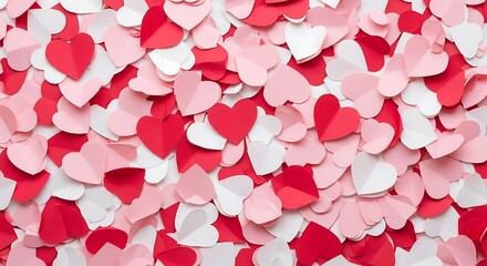Colorful heart shapes are scattered across the frame in a repeating pattern.