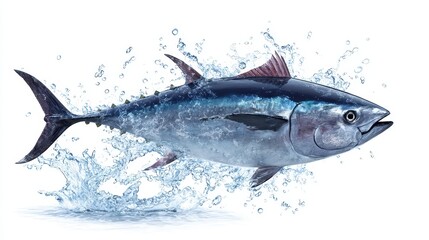 Tuna fish jumping out of the water with splashes against a white background, showcasing its streamlined body and vibrant colors
