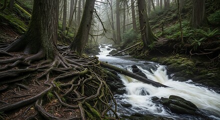 Lush forest floor with exposed roots beside a flowing stream.