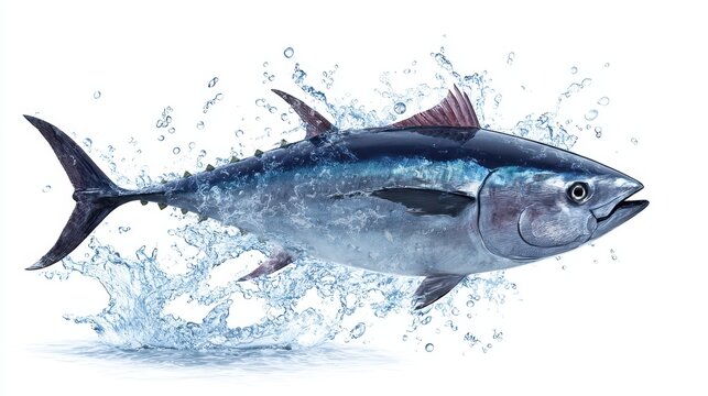 Tuna fish jumping out of the water with splashes against a white background, showcasing its streamlined body and vibrant colors
