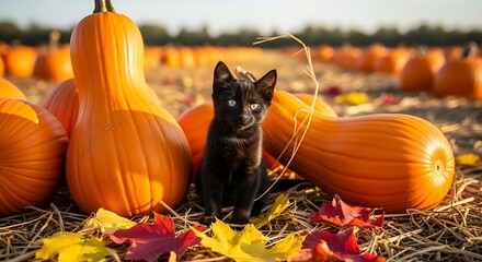 A small black feline, with piercing eyes, sits among large orange gourds and colorful fallen leaves in a field. The backdrop is full of more gourds