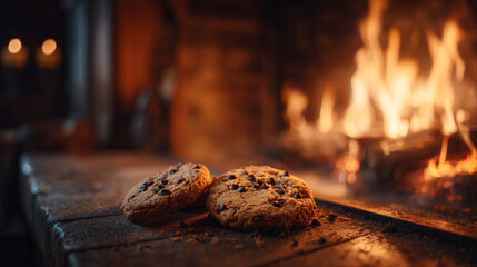 Two chocolate chip cookies on a wooden surface with a fireplace in the background warm lighting