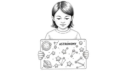 Young girl explores astronomy with constellation drawings, sparking curiosity and a love for science, perfect for educational materials