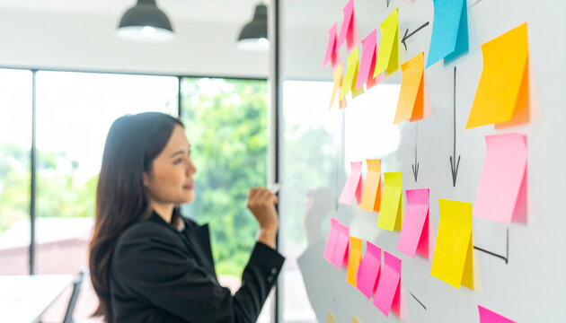 Marketing plan brainstorming sticky strategy business idea creativity note planning teamwork woman writing whiteboard with colorful postit notes