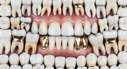 Dental models showcase various tooth restorations and healthy molars.