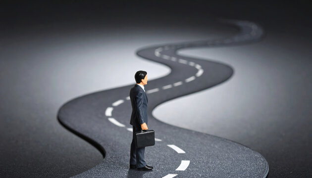 Binoculars vision future business strategy looking search opportunity success focus guiding lone businessman with briefcase along winding road - Powered by Adobe