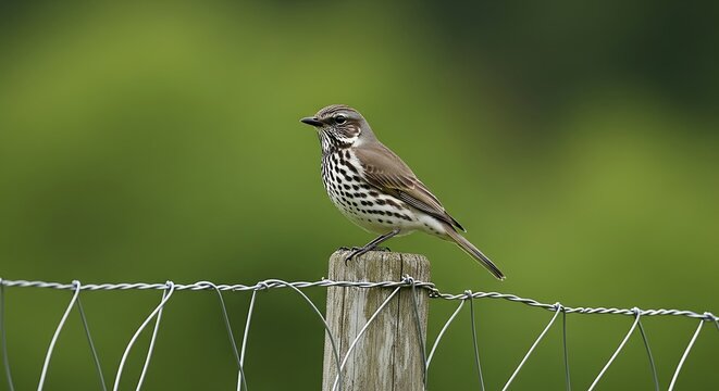 A small, brown and white bird with speckled breast perched on a wooden post against a blurred green background - Powered by Adobe
