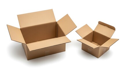 Two open cardboard boxes, one large and one small, sit on a white surface.
