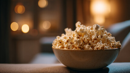 Close up of a bowl of popcorn on a surface with blurred lights in the background at night time