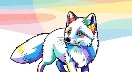Colorful arctic fox with blue eyes on a rainbow background.