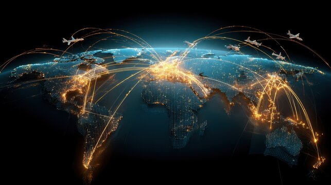 Digital world map shows illuminated flight paths connecting major cities with airplanes traveling across continents at night