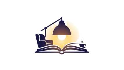 Comfortable reading spot logo design with open book, armchair, and lamp for knowledge. isolated PNG with Transparent Background