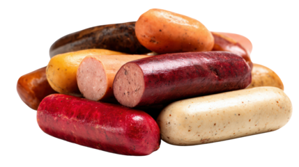 A variety of colorful sausages stacked together on a white isolated background.
