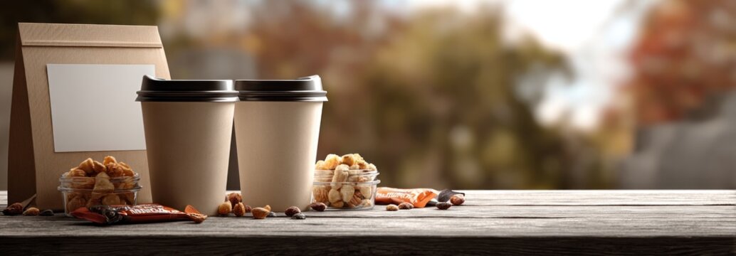 Coffee cups and bakery items on a wooden table with blurry background