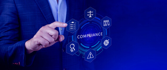 Compliance. Compliance concept with icons and text. Regulations, law, standards, requirements, Rule, audit diagram on virtual screen, Business internet technology