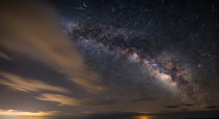 Celestial band of stars stretches across the night sky with wispy clouds.