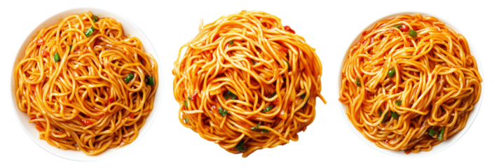 Cooked Asian Dan Dan noodles with minced meat, chili and basil in ceramic bowl, isolated on white transparent background