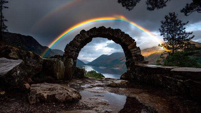 Regenbogen &uuml;ber historischem Steinbogen mit Blick auf See und Berge
