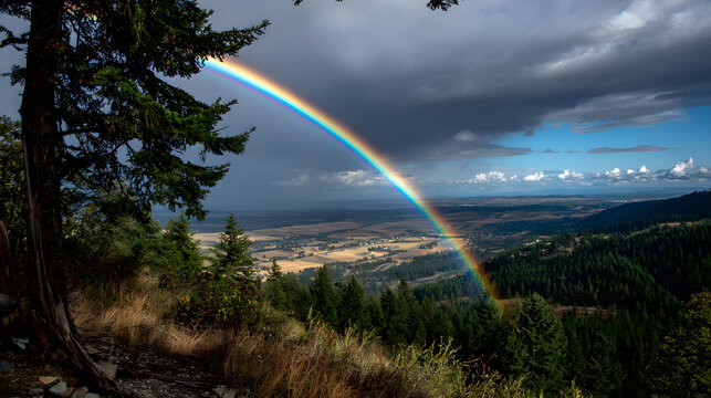 Majest&auml;tischer Regenbogen &uuml;ber weiter Landschaft nach einem Sturm
