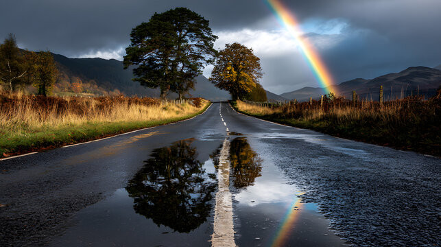 Regenbogen &uuml;ber nasser Landstra&szlig;e mit Baumspiegelung nach einem Sturm

